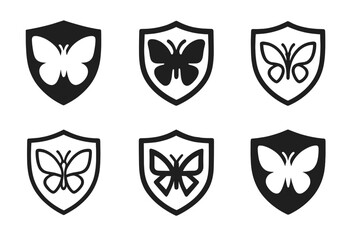 Fototapeta premium Butterfly Shield Logos. Fauna protection. Set Logo of Fauna protection: butterfly with shield outline. harmonious logo variations of the same emblematic