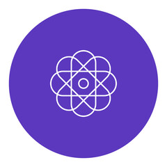 Abstract geometric atom or molecule symbol in a purple circle, representing science and research