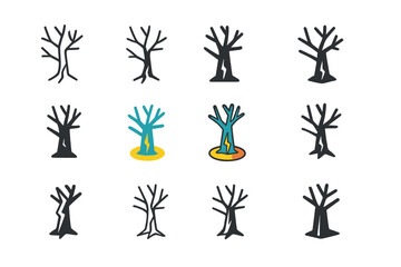 Barren Tree Logo. Set Logo of Barren Tree: Tree Trunk with Lightning Scar. Logo set in vector style, emblematic variations. line,
