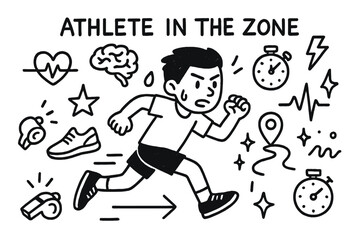 Athlete's Focused Journey. Hand-drawn doodle illustration Athlete in the zone [runner, heartbeat, stopwatch, brainwave, shoe, energy line, whistle, star icon,