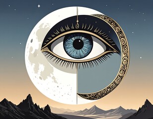Moon, eye, and mountains at twilight