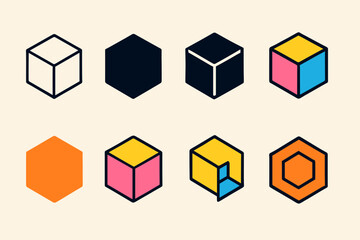 Obraz premium Geometric Logo Designs. line, bold thick line, solid black filled, solid black isometric, flat minimal monochrome, flat colorful, isometric flat colorful