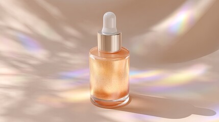 Naklejka premium Elegant Serum Bottle with Golden Shimmer and Soft Light Reflection on a Minimalist Background