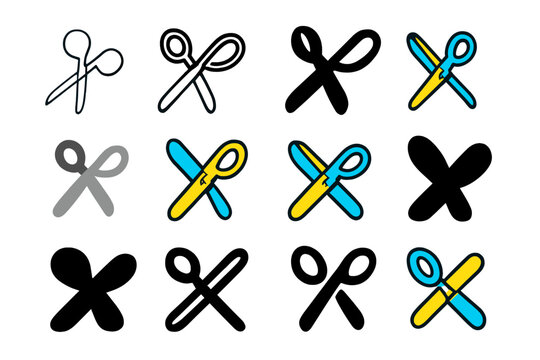Fabric Scissors Logo Set. Set Logo of Handicrafts: Fabric Scissors. Logo set in vector style, emblematic variations. line, bold thick line, solid black filled,