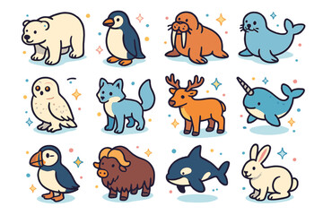Fototapeta premium Colorful Arctic Animals. Arctic animals. Colorful isometric vector icons set of arctic animals: polar bear, penguin, walrus, seal, snowy owl, arctic fox,