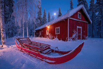 Red cabin in snowy forest at twilight
