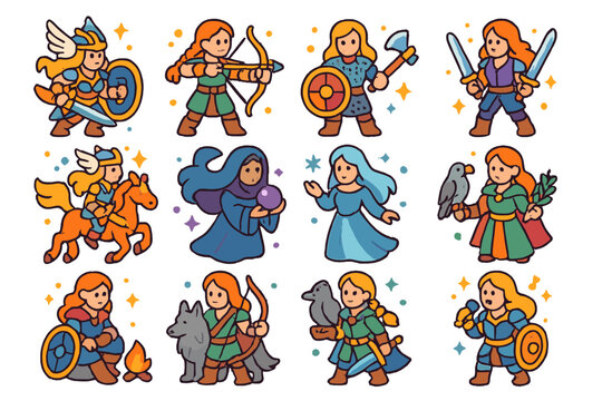 Female Warriors Icons. Colorful isometric vector icons set of female warriors: battle valkyrie with wings, archer with braids, shieldmaiden with axe,