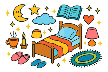 Naklejka premium Colorful Bedtime Doodle. Bedtime. Colorful Hand-drawn doodle Children illustration bed, pillow, blanket, moon, star, cloud, book,