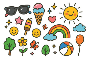 Summer Doodle Delight. Colorful Hand-drawn doodle Children illustration Sunglasses and Ice Cream sunglasses, ice cream, popsicle, sun, rainbow, sparkles,