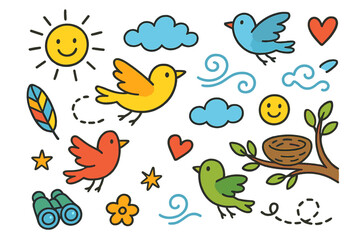 Colorful Birds in Flight. Colorful Hand-drawn doodle Children illustration Birds in Flight flying bird, feather, sun, cloud, blue sky, wing, tree, breeze