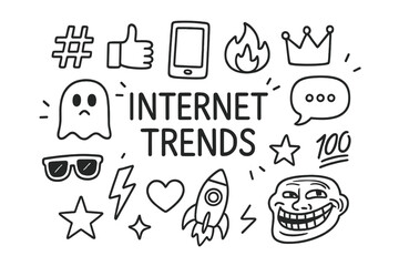 Internet Trends Icons. Internet trends. Hand-drawn doodle illustration internet trends hashtag, like button, smartphone, chat bubble, fire icon, crown, ghost,