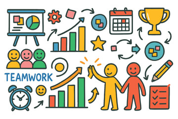 Fototapeta premium Collaborative Success Journey. Colorful Hand-drawn doodle Children illustration Teamwork progress colorful chart, group icons,