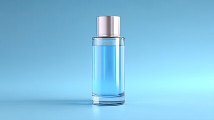 Clear Glass Bottle with Blue Liquid on Soft Blue Background for Product Display and Branding