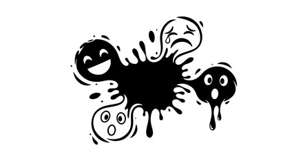 A single black inkblot personifies a whirlwind of feelings, with cartoon faces expressing joy, sorrow, shock, and curiosity all at once. Vector Illustration