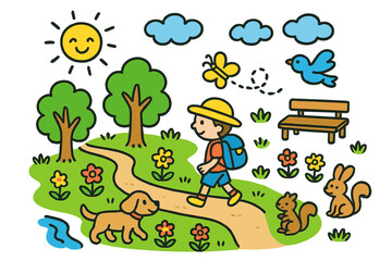 Naklejka premium Nature Walk Doodles. Colorful Hand-drawn doodle Children illustration Peaceful nature walk [tree path, sunshine, grass, walking