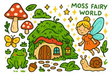Obraz premium Whimsical Fairy World. Colorful Hand-drawn doodle Children illustration Moss Fairy World fairy house, mushrooms, moss, wings, stars, sparkles, mini door,