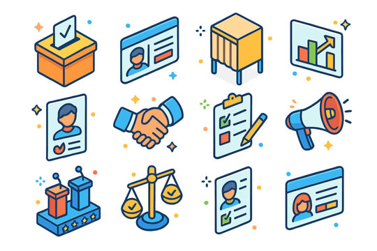 Democratic Icons Collection. Colorful isometric vector icons set of Democratic elections: ballot box with vote slip, voter ID card, polling booth, election