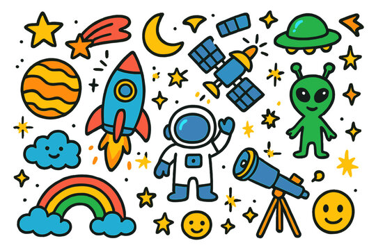 Cosmic Kids' Adventure. Colorful Hand-drawn doodle Children illustration Deep Space Mystery [rocket, planet, star, moon, comet, astronaut, satellite, spark,