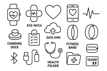 Heart Health Wearables. Hand-drawn doodle illustration heart health tracking wearable watch, ECG patch, smartphone with app, heart icon, pulse graph, charging