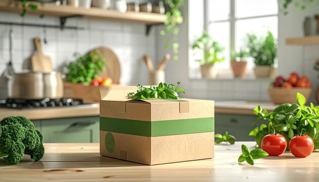 Fresh organic produce delivery box on kitchen counter for healthy meal preparation, promoting wellness and sustainable living with vibrant vegetables