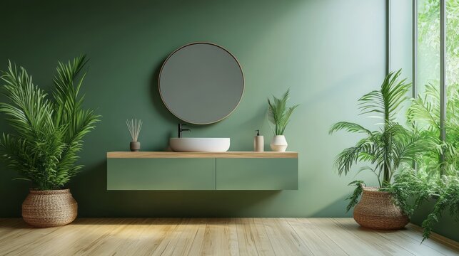 A serene and stylish bathroom boasts a calming color palette of soft greens and a modern vanity with round mirror.