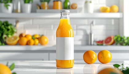 Fresh orange juice bottle mockup with blank label ready for your branding in a bright kitchen setting perfect for marketing campaigns and product promos
