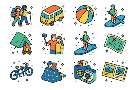 Adventure Icons Collection. Colorful isometric vector icons set of shared adventures: hiking friends, road trip van, beach ball, tent and bonfire, group selfie