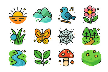 Obraz premium Morning Nature Icons. Nature morning. Colorful isometric vector icons set of nature morning: sunrise, misty hills, chirping bird, blooming flower, dew on