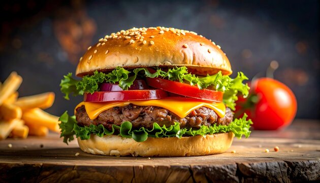Delicious burger on a wooden board