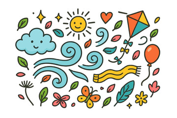 Playful Breeze Doodle. Breeze. Colorful Hand-drawn doodle Children illustration swirl, cloud, leaf, flower petals, scarf, kite, balloon, star, heart, sparkle,