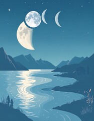 Moon phases over a tranquil lake at night
