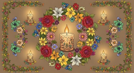 A decorative design featuring candles, flowers, and ornate borders, creating a warm and inviting visual pattern.