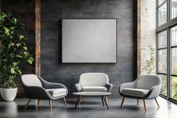 A modern, minimalist living space with gray and white armchairs, a coffee table, and a large blank canvas art piece.