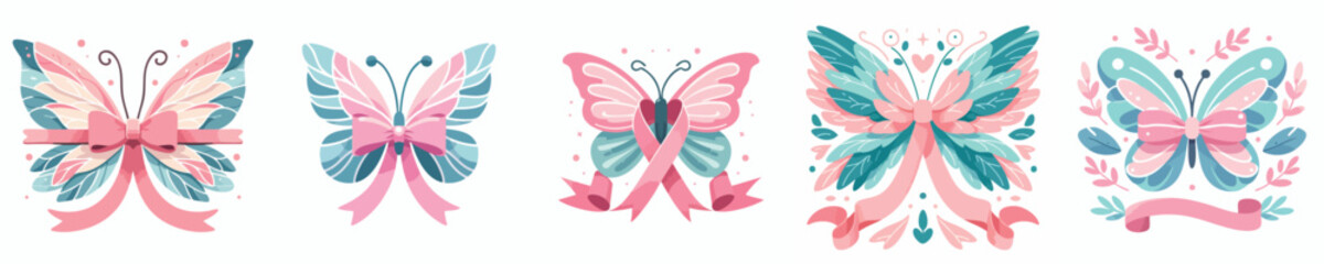 Awareness Butterfly Ribbon Vector Illustration – Pink Ribbon Symbol of Hope, Support, and Charity
