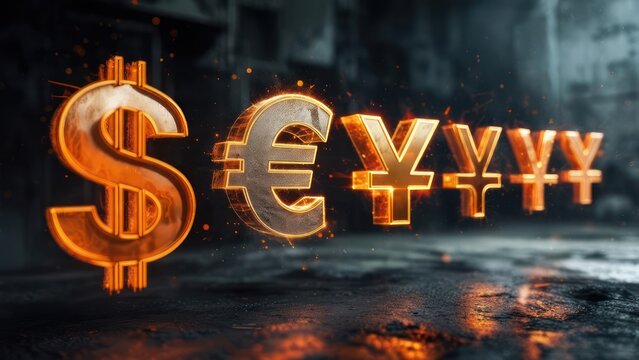 Powerful currency symbols dollar euro yen ignite with fiery energy on dark gritty background representing global finance and economic power
