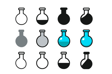 Colorful Flask Logos. Set Logo of Flasks: Round-bottom boiling flask. Logo set in vector style, emblematic variations. line, bold thick line, solid black