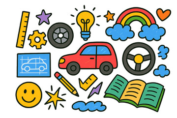 Fototapeta premium Automotive Doodle Icons. Colorful Hand-drawn doodle Children illustration Automotive Design [car, wheel, gear, pencil, blueprint, ruler, spark, star, rainbow,