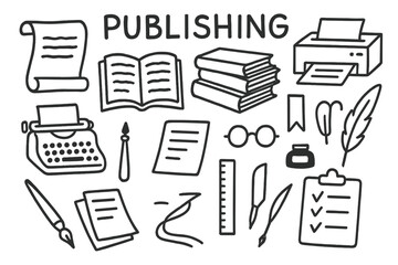 Publishing Tools Doodles. Publishing. Hand-drawn doodle illustration open book, stack of books, printer, typewriter, scroll, ink