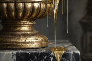 Golden urn overflowing with viscous liquid, dripping onto marble