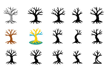 Barren Tree Logos. Set Logo of Barren Tree: Twisted Tree with Exposed Roots. Logo set in vector style, emblematic variations. line