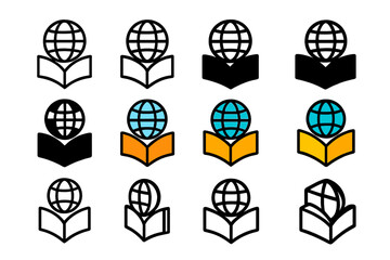 Cultural Adaptation Logo Grid. Set Logo of Cultural Adaptation: Open book with globe. Logo set in vector style, emblematic variations. line, bold thick line,