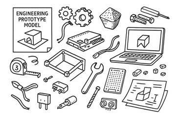 Engineering Prototype Doodle. Hand-drawn doodle illustration [engineering prototype model] CAD sketch, gears, 3D printed part, wires, microcontroller, frame,