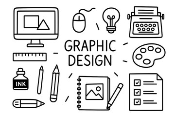 Graphic Design Elements. Graphic Design. Hand-drawn doodle illustration catalog mockup, computer screen, mouse, ruler, pencil,