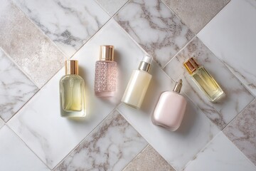 Five perfume bottles on marble tile