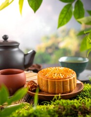 Mooncake with tea set in a serene garden setting