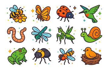 Fototapeta premium Pollinators and Garden Icons. Colorful isometric vector icons set of pollinators and garden visitors: bee on flower, butterfly, ladybug, hummingbird,