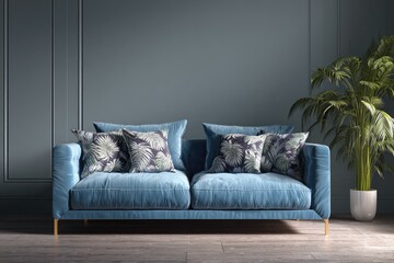 Blue velvet sofa with patterned pillows, against a dark blue wall, and a potted plant