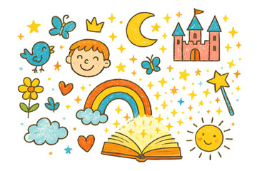 Naklejka premium Magical Storybook Adventure. Colorful Hand-drawn doodle Children illustration Storybook Magic glowing book, rainbow, sparkles,