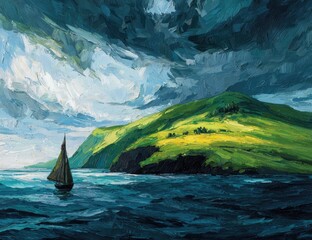 Sailboat navigates dark ocean under dramatic sky, approaching verdant coastal hill