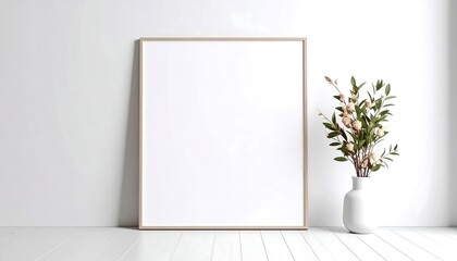 Empty light beige frame on white wall, simple decor